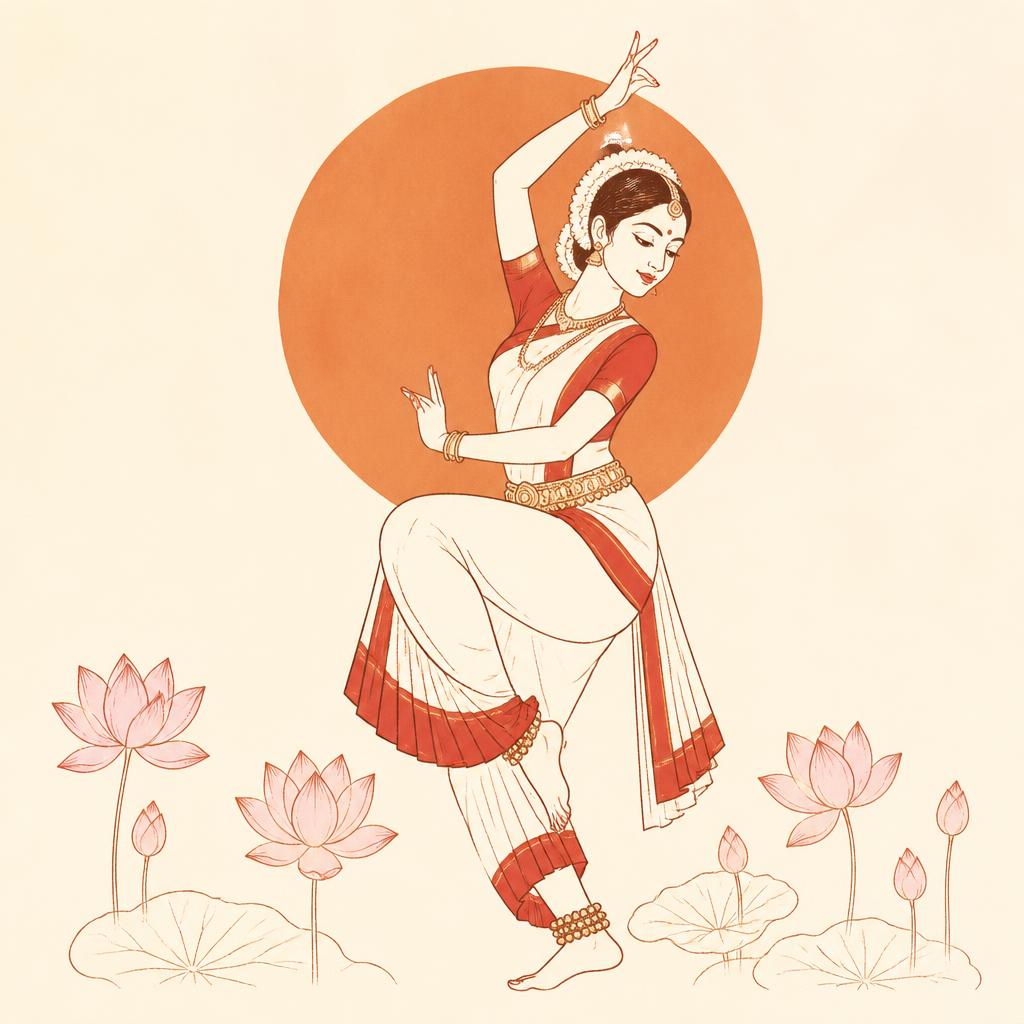 Folk illustration of a Kuchipudi dancer before a sun disc with lotuses